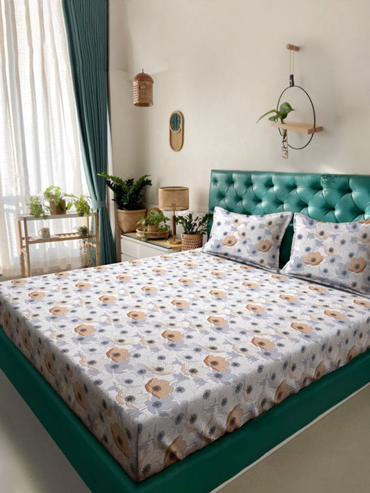 White Floral Cotton 280 TC King Fine Bedsheet with 2 Pillow Covers-100 x 107 inches