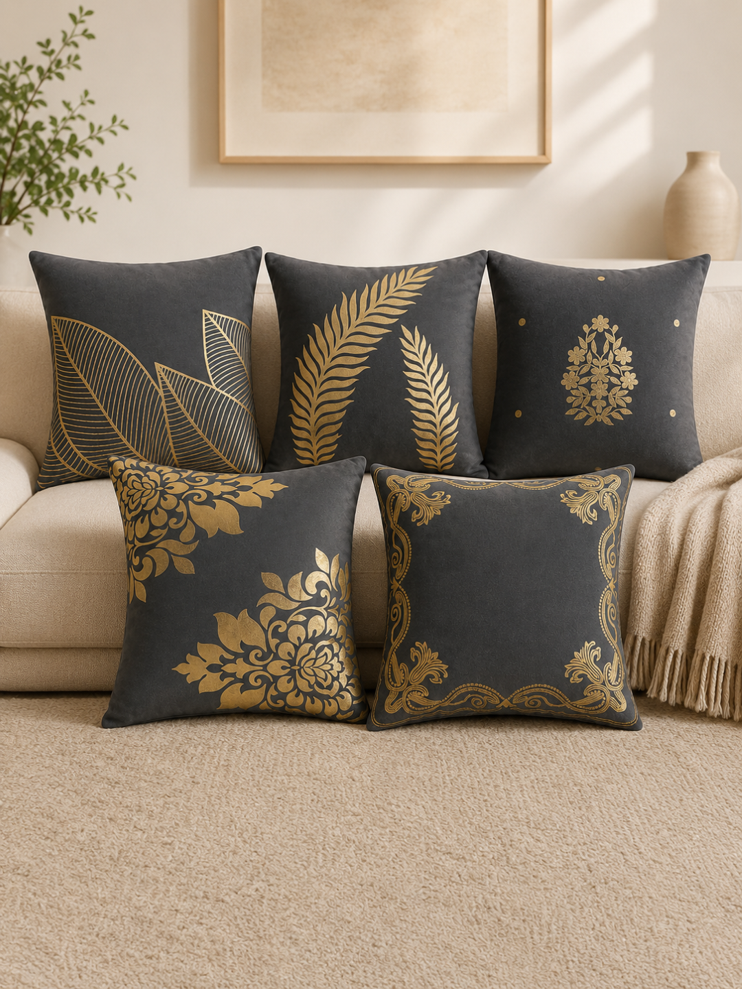 Premium Velvet Foil Printed Cushion Covers Pack of 5 | 16 x 16 Inch