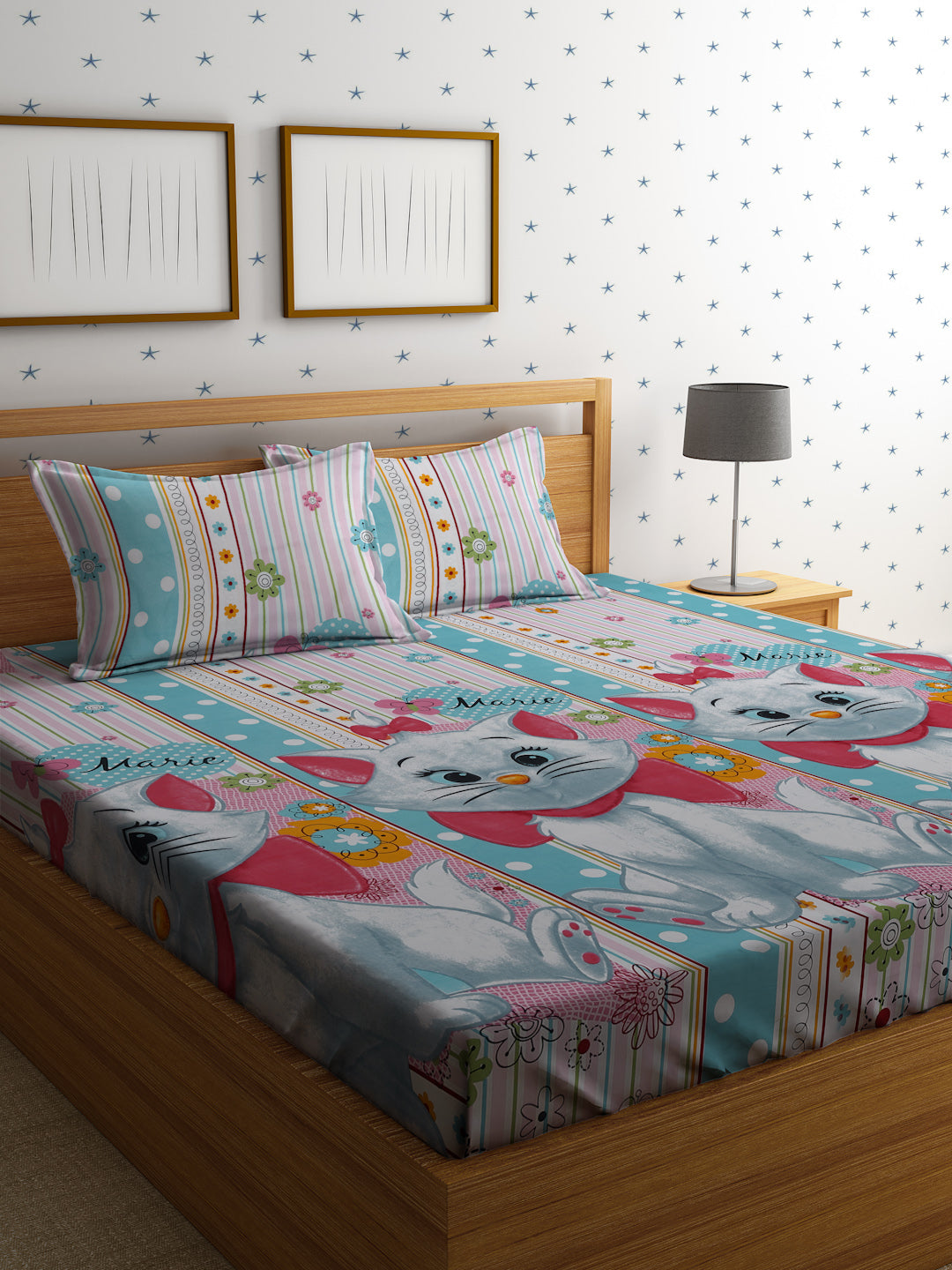 Hosta Homes Kitty Printed Multicolored Kids Bedsheet With Pillow Covers - Queen Size image