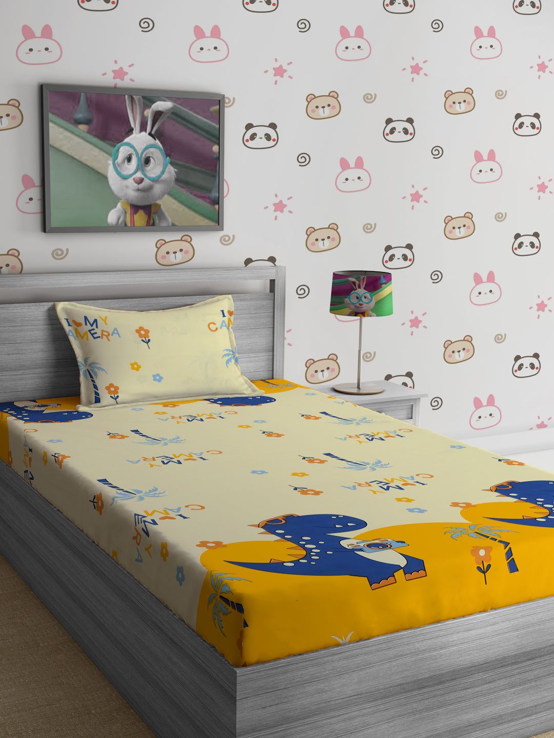 Hosta Homes Dinosaur's Camera Multicolored Kids Bedsheet With Pillow Cover image 0