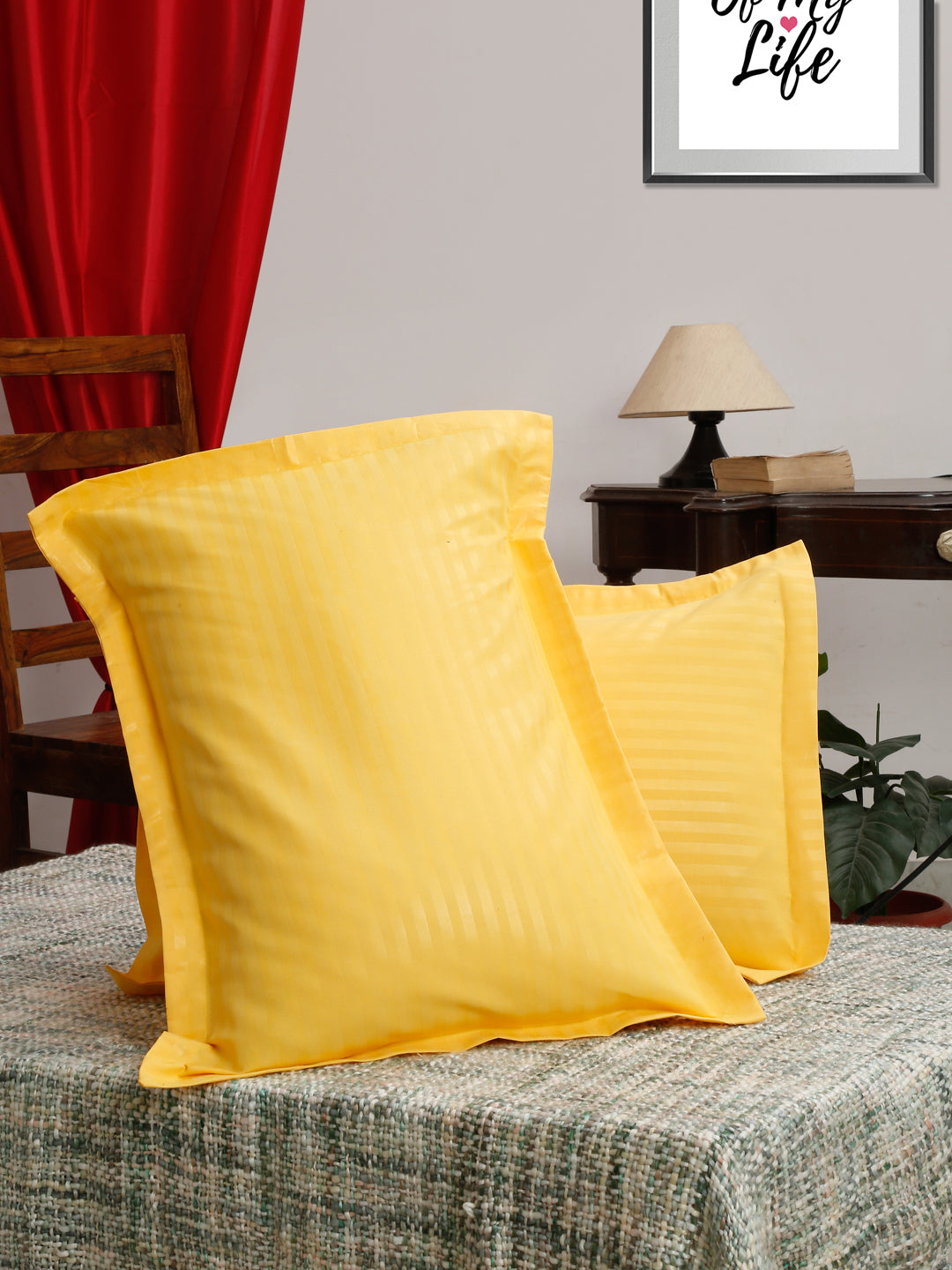 HOSTA HOMES Set of 2 Striped Cotton Pillow Covers with Zip Closure - Yellow image
