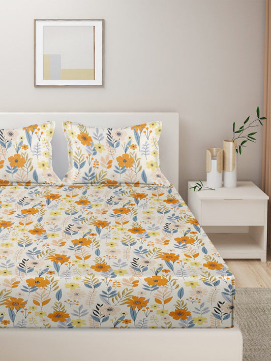 Beige Floral Pure Cotton 280 TC King Fine Bedsheet with 2 Pillow Covers-100 x 108 inches