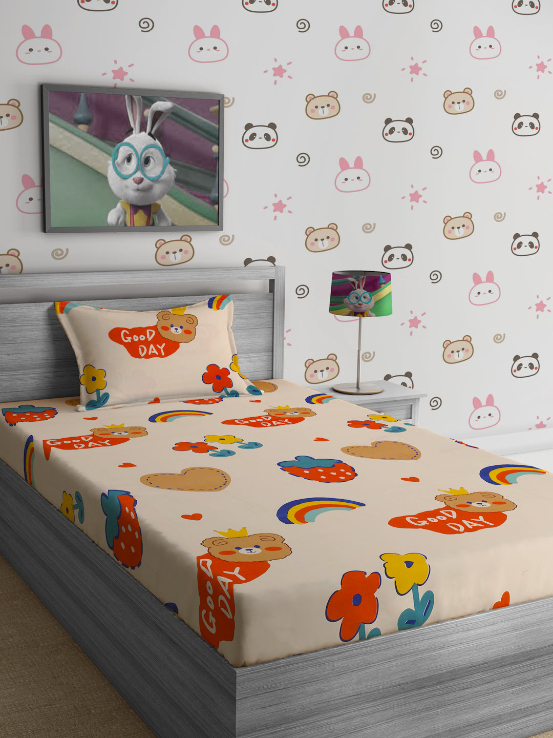 Hosta Homes Have A Good Day Printed Kids Bed Sheet With 1 Pillow Cover image 0