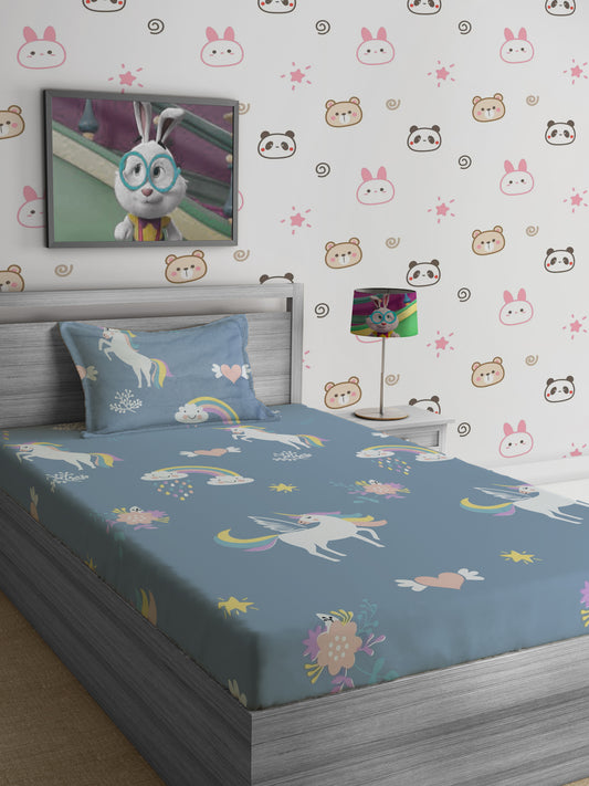 Hosta Homes Unicorn Rainbow Multicolored Printed Bedsheet With Pillow Cover image 0
