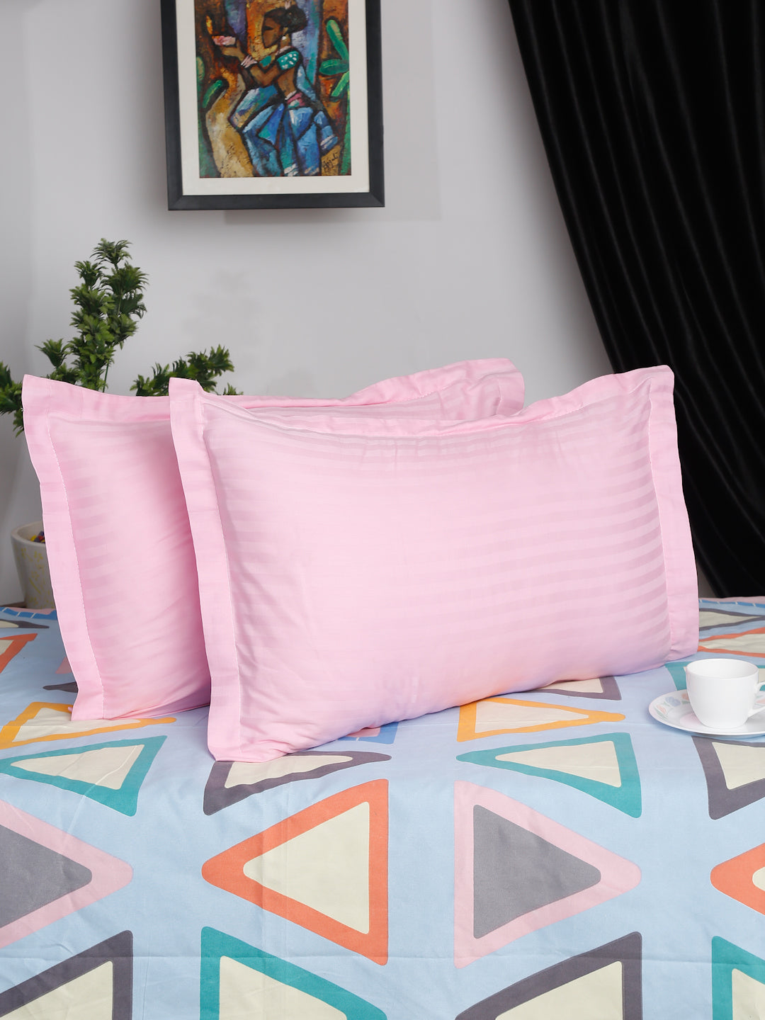 HOSTA HOMES Set of 2 Striped Cotton Pillow Covers with Zip Closure - Pink image