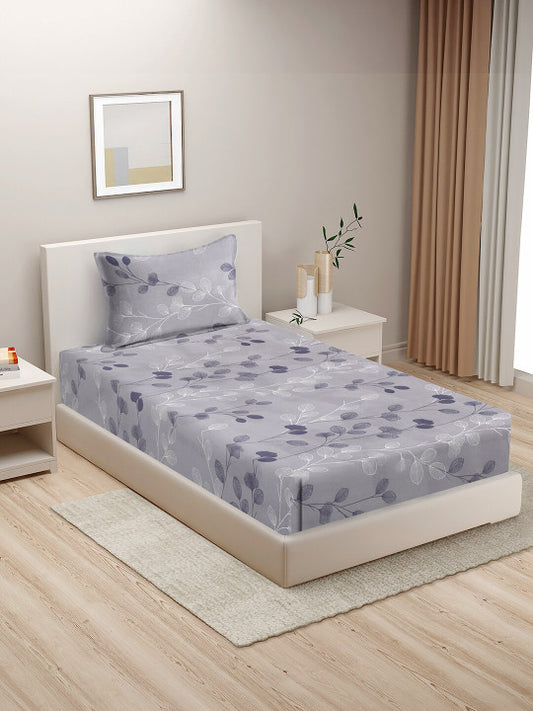 Grey Leaf Polycotton 210 TC Single Fine Bedsheet with a Pillow Cover-60 x 90 inches