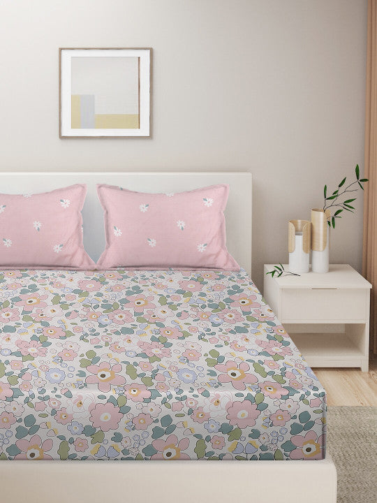 White Floral Pure Cotton 300 TC King Fine Bedsheet with 2 Pillow Covers-100 x 108 inches