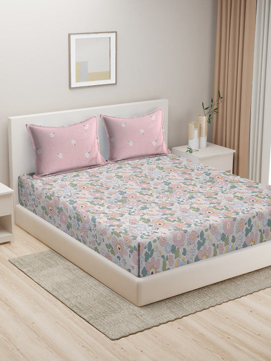 White Floral Pure Cotton 300 TC King Fine Bedsheet with 2 Pillow Covers-100 x 108 inches