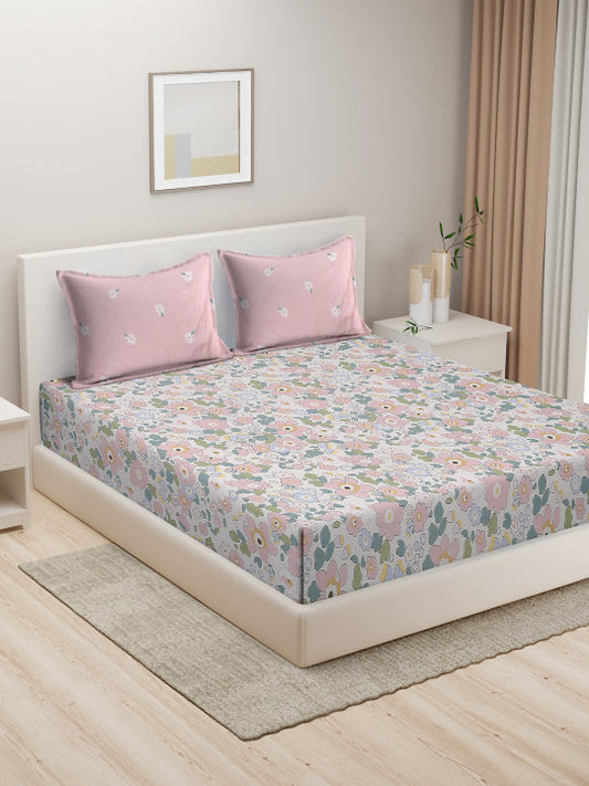 White Floral Pure Cotton 300 TC King Fine Bedsheet with 2 Pillow Covers-100 x 108 inches