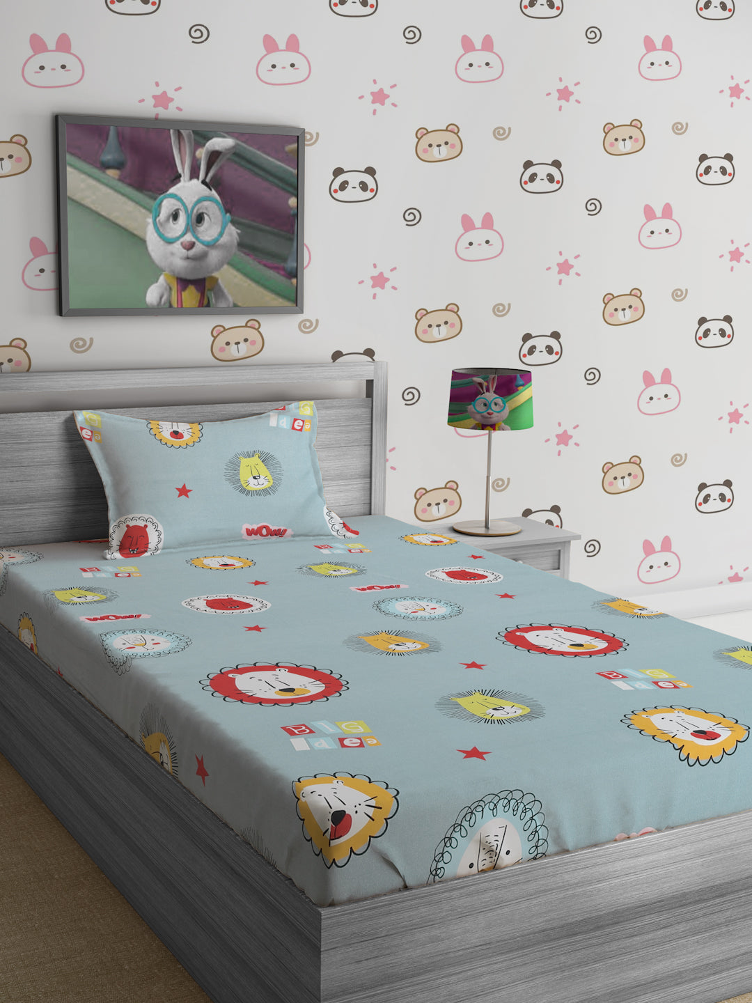 Hosta Homes Animated Animals Multicolored Bed Sheet With Pillow Cover image 0