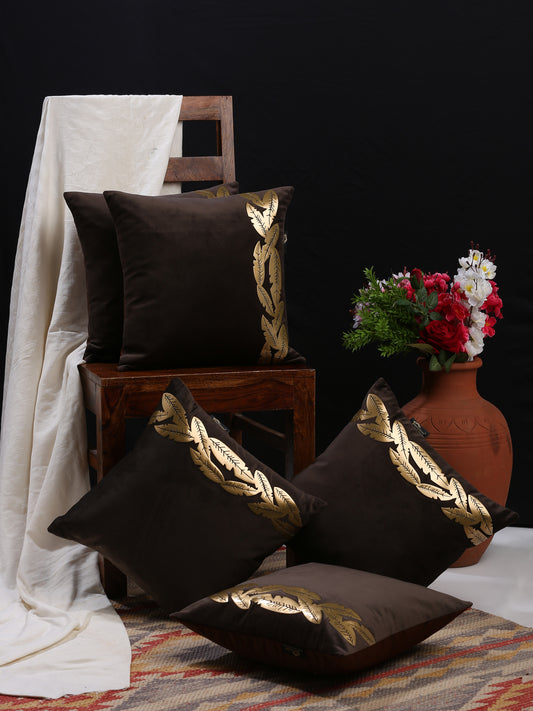 Brown & Gold Velvet Floral Cushion Covers Set of 5 image 0
