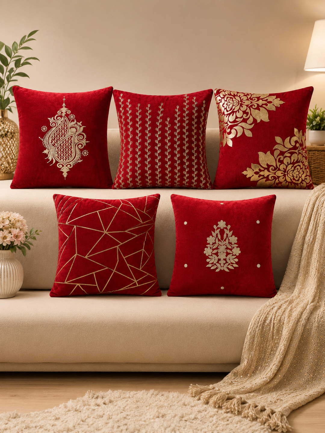 Premium Velvet Foil Printed Cushion Covers Pack of 5 | 16 x 16 Inch