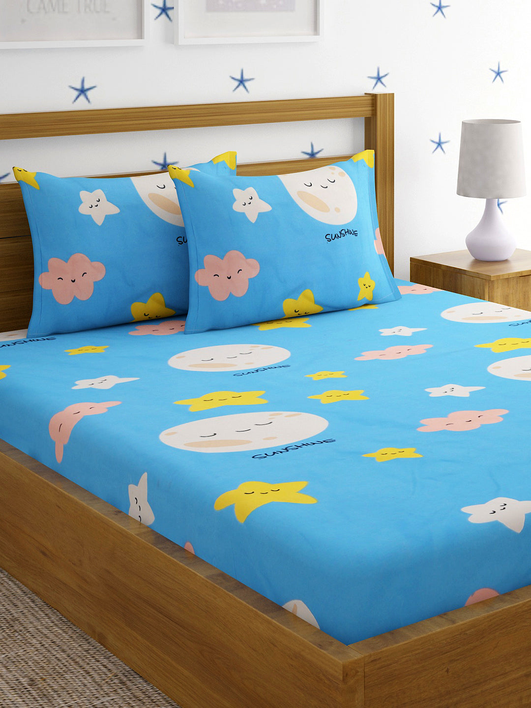 Hosta Homes Sun Shine Multicolored Kids Bed Sheet With Pillow Covers - Queen Size image