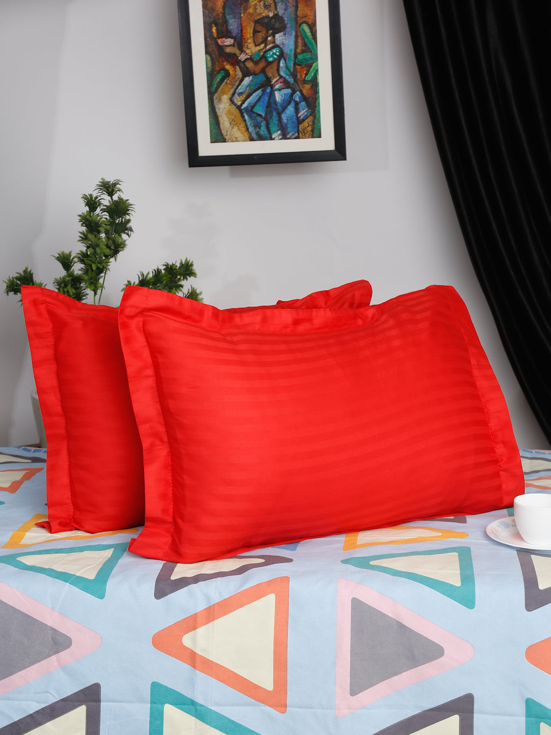 HOSTA HOMES Set of 2 Striped Cotton Pillow Covers with Zip Closure - Red image