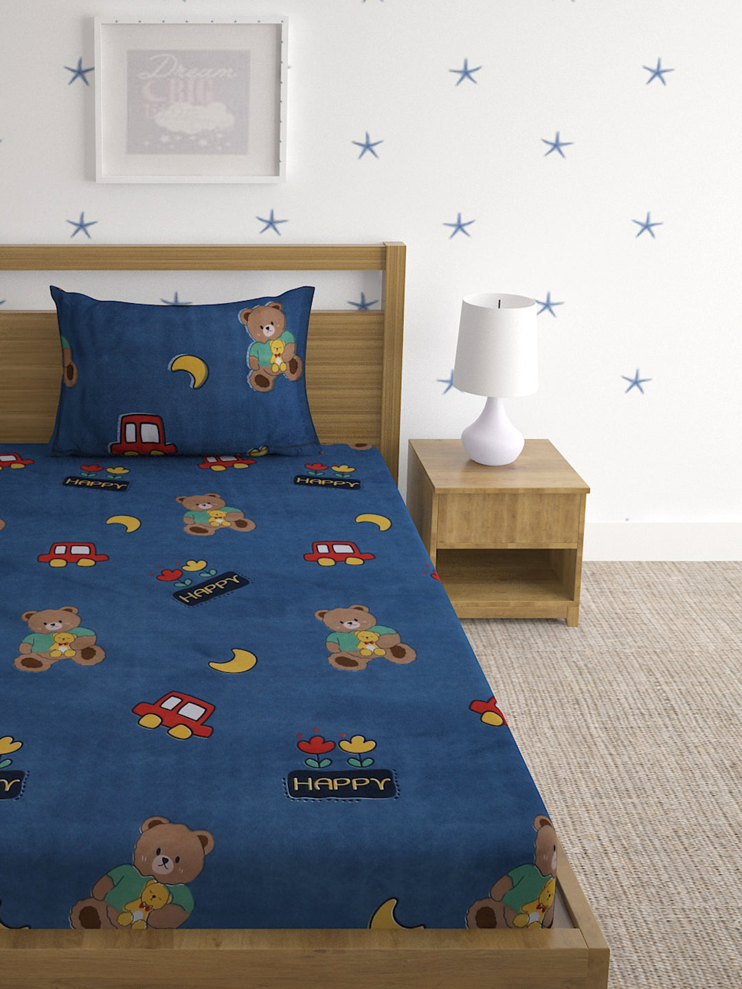 Hosta Homes Happy Teddy Multicolored Kids Bed Sheet With Pillow Cover image 1