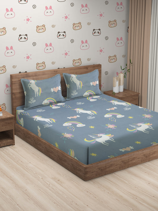 Hosta Homes Unicorn Rainbow Multicolored Printed Bedsheet With Pillow Covers image 0