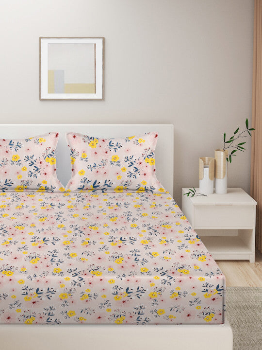 Peach Floral Pure Cotton 300 TC King Fine Bedsheet with 2 Pillow Covers-100 x 108 inches