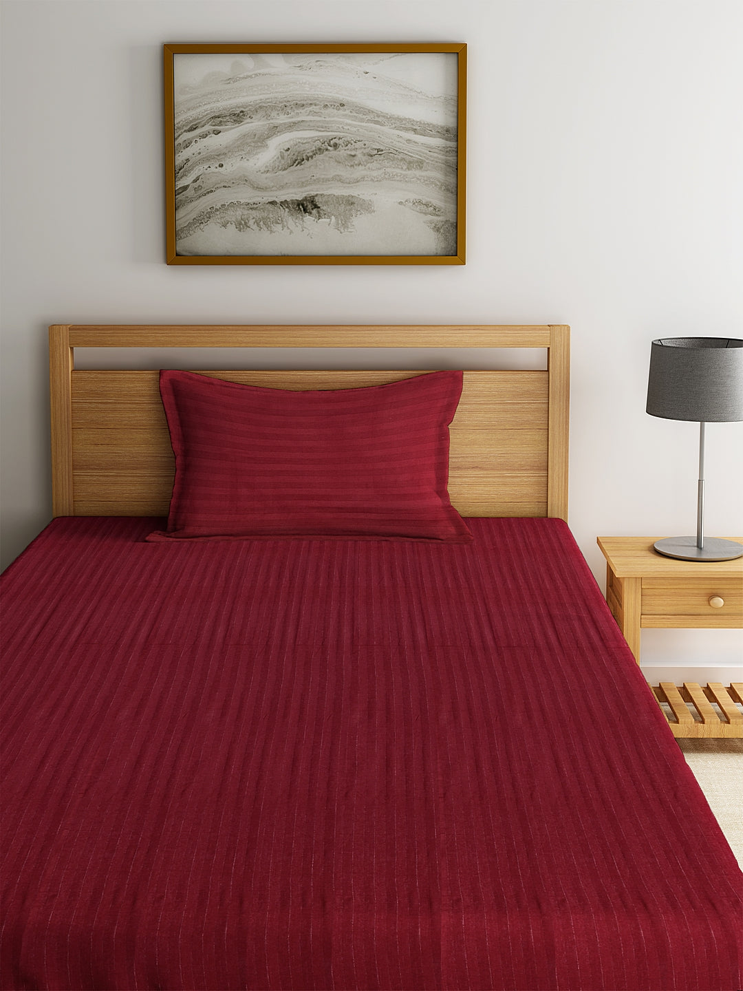 HOSTA HOMES Maroon Striped 300 TC Cotton Bedsheet with Pillow Cover image 1