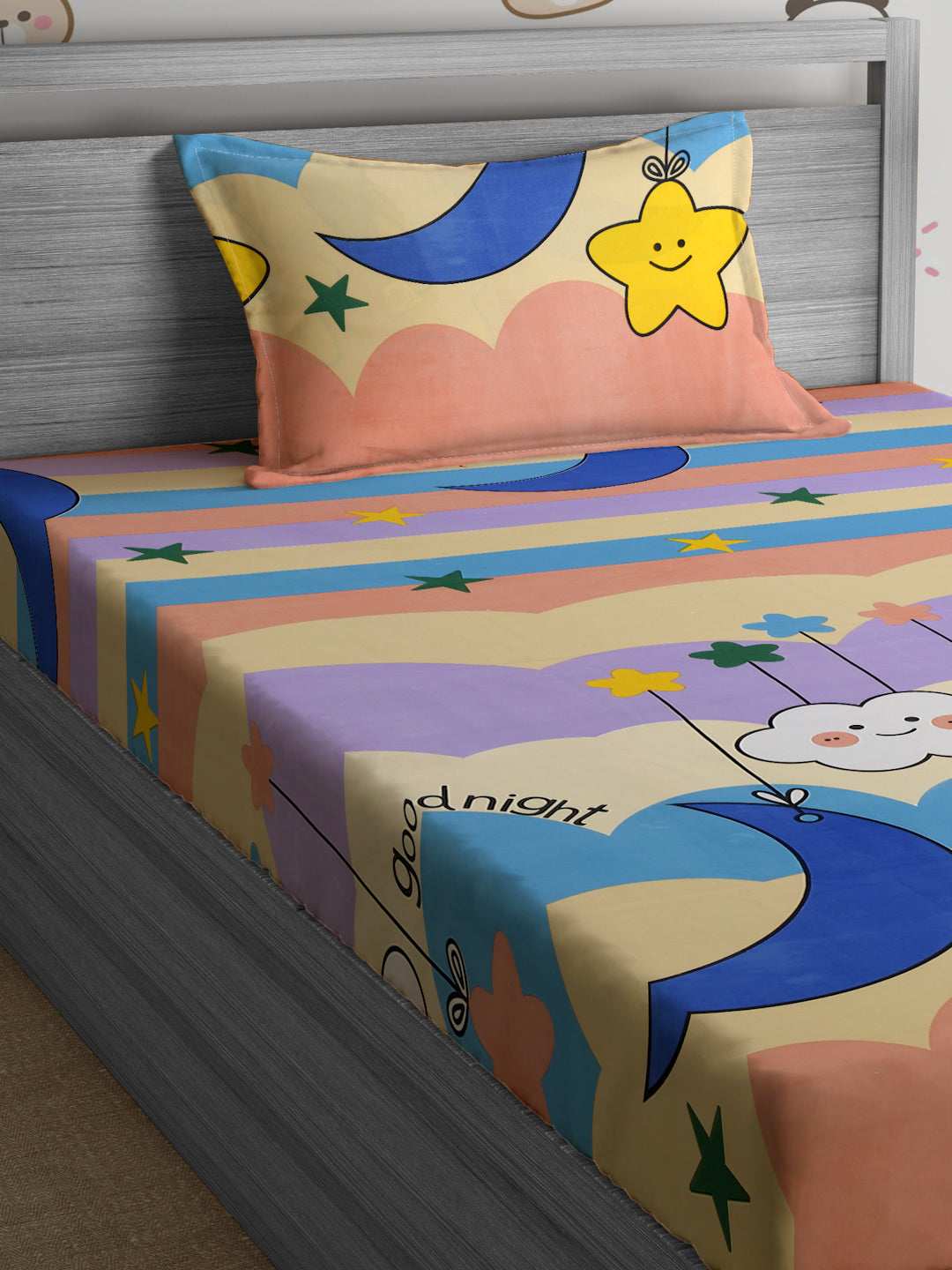Hosta Homes Smiley Star Cloud Printed Multicolored Bedsheet With Pillow Cover image 2