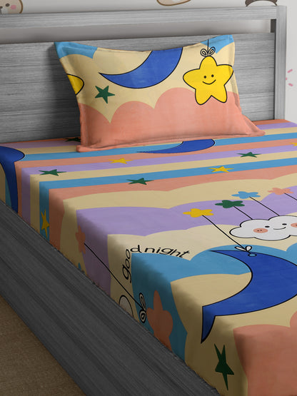 Hosta Homes Smiley Star Cloud Printed Multicolored Bedsheet With Pillow Cover image 2