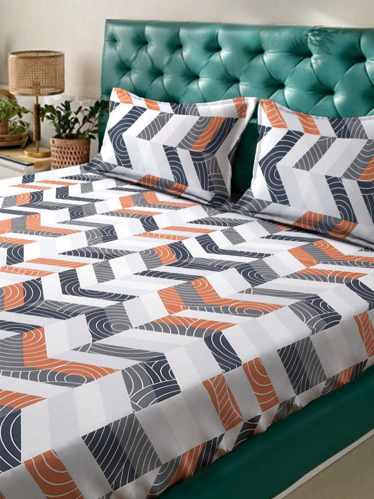 White Geometric Polycotton 280 TC Fitted Queen Fine Bedsheet with 2 Pillow Covers-72 x 78 inches