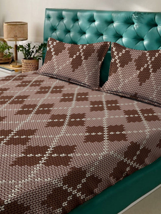 Brown Geometric Cotton 280 TC King Fine Bedsheet with 2 Pillow Covers-100 x 107 inches