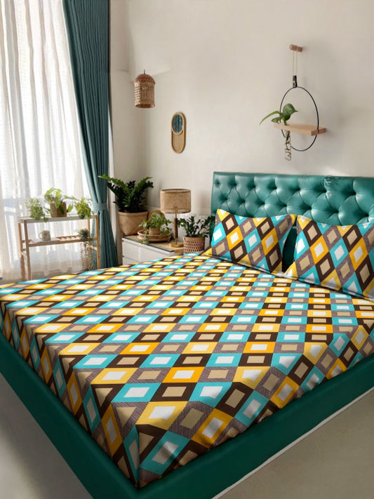 Athom Living Blue Geometric Polycotton 300 TC Fitted King Fine Bedsheet with 2 Pillow Covers-78 x 78 inches