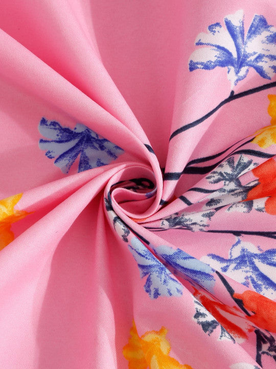 Pink Floral Polycotton 300 TC Fitted Queen Fine Bedsheet with 2 Pillow Covers-72 x 78 inches