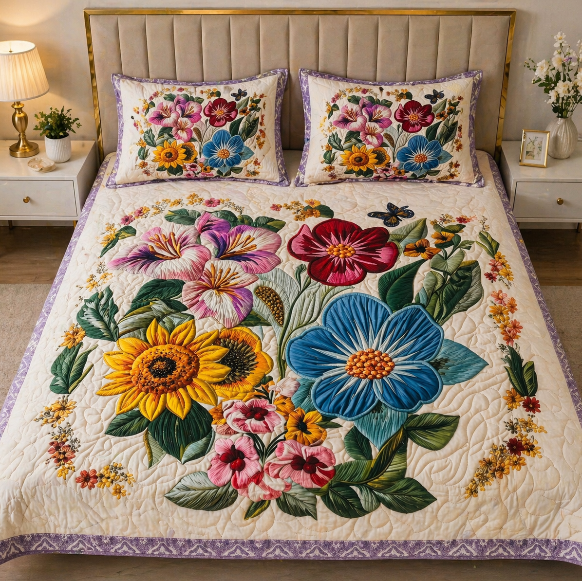 Floral quilt and pillows on a bed with a lamp and vase in the background