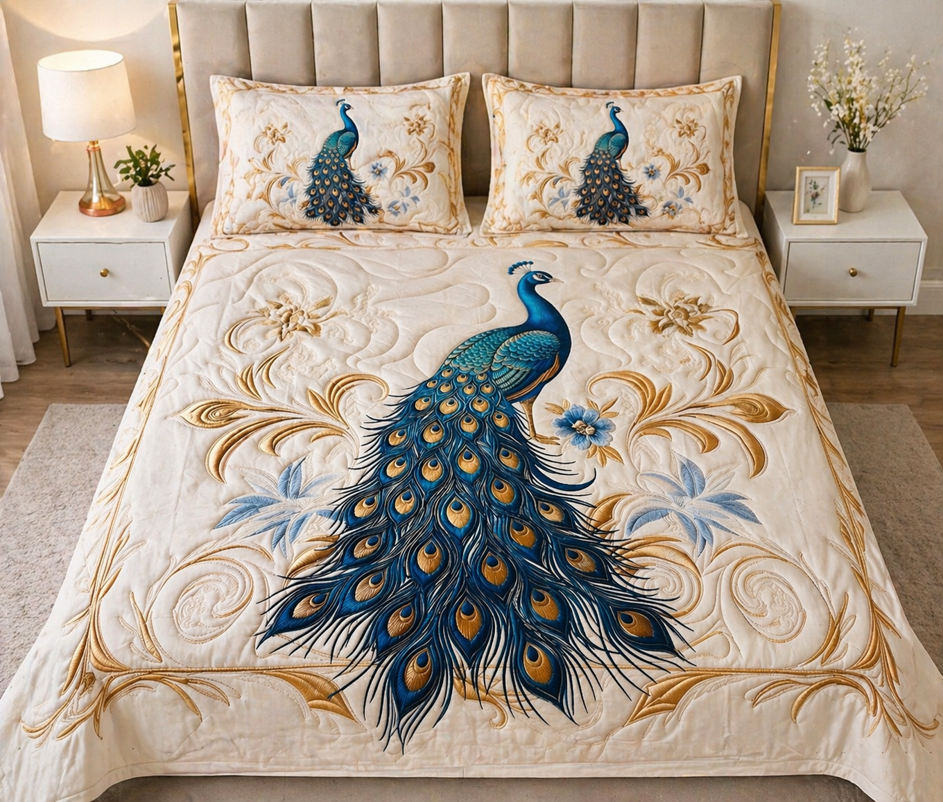 Soft Fabric 7D Quilted Printed Double Bed Sheet with 2 Pillow Covers