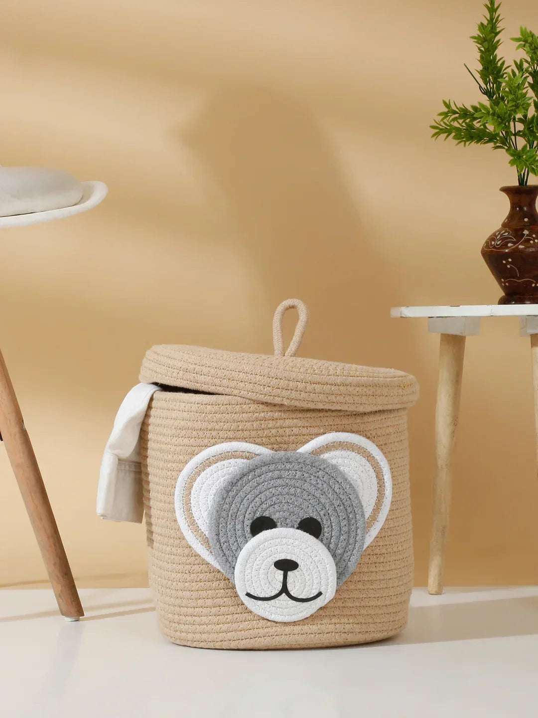 Handwoven jute cotton teddy bear laundry basket