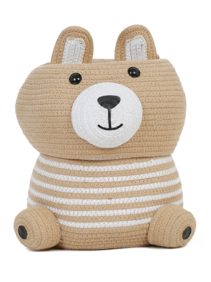Beige striped bear face laundry hamper