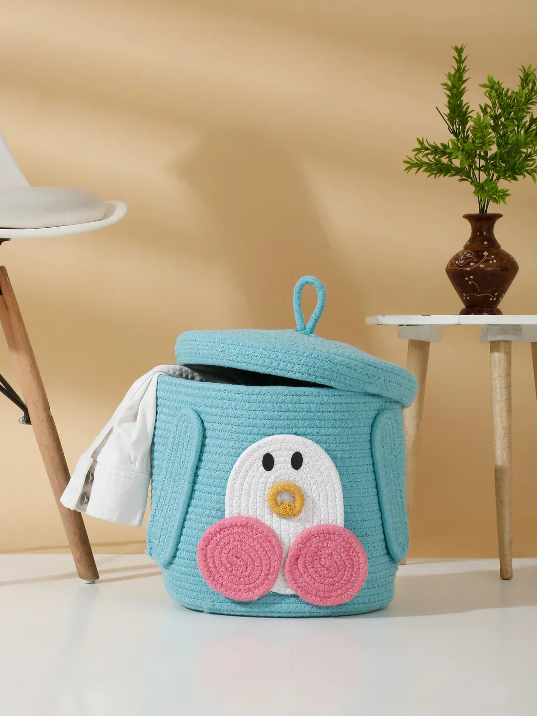 Handwoven jute cotton penguin laundry basket