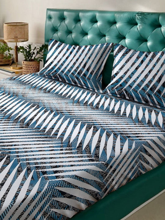 White Abstract Cotton 280 TC Fitted King Fine Bedsheet with 2 Pillow Covers-78 x 78 inches