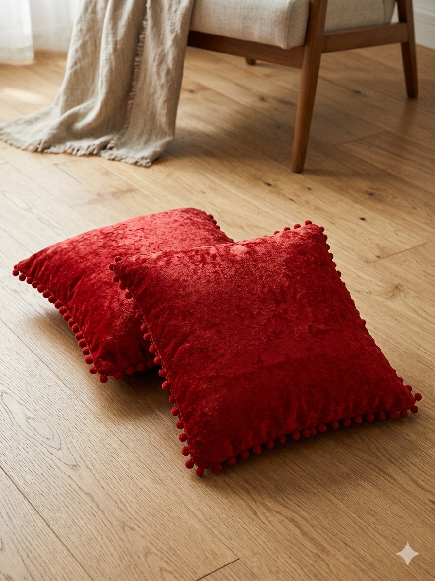 Soft Solid Velvet Cushion Covers Set of 5 with Pom Pom