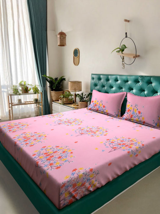 Pink Floral Polycotton 300 TC Queen Fine Bedsheet with 2 Pillow Covers-90 x 100 inches