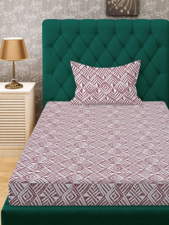 Off White & Maroon Geometric Printed 280 TC Single Bedsheet Set-1.52m x 2.28m