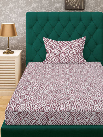 Off White & Maroon Geometric Printed 280 TC Single Bedsheet Set-1.52m x 2.28m