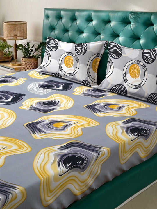 Grey Geometric Polycotton 300 TC Fitted Queen Fine Bedsheet with 2 Pillow Covers-72 x 78 inches