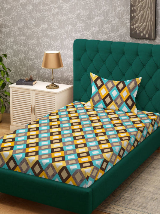 Yellow & Blue Abstract Printed 280 TC Single Bedsheet Set-1.52 m x 2.28 m