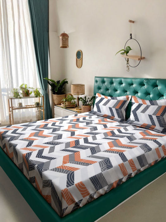 Grey Geometric Cotton 300 TC Queen Fine Bedsheet with 2 Pillow Covers-90 x 100 inches