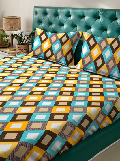 Blue Geometric Cotton 300 TC King Fine Bedsheet with 2 Pillow Covers-100 x 106 inches