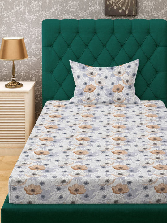 Off White & Grey Floral Printed 280 TC Single Bedsheet Set-1.52 m x 2.28 m
