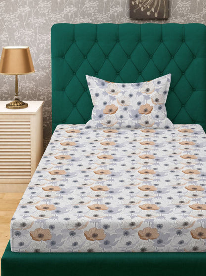 Off White & Grey Floral Printed 280 TC Single Bedsheet Set-1.52 m x 2.28 m