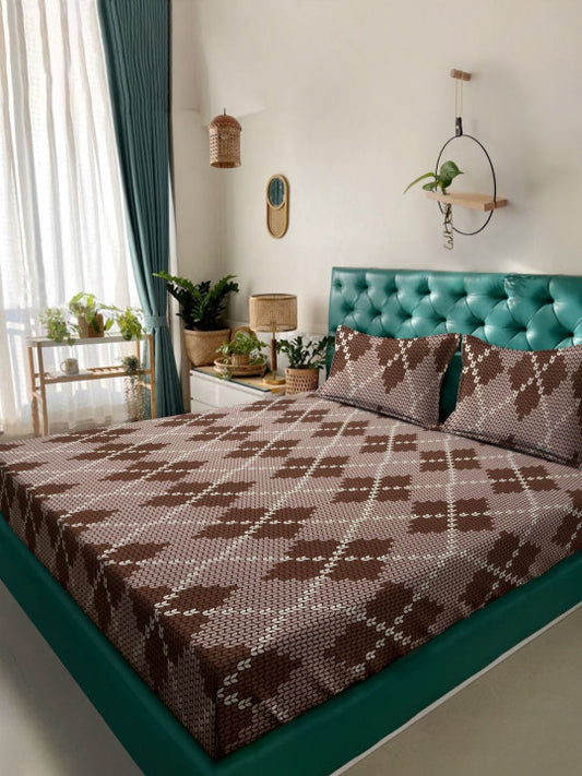 Brown Geometric Cotton 280 TC King Fine Bedsheet with 2 Pillow Covers-100 x 107 inches