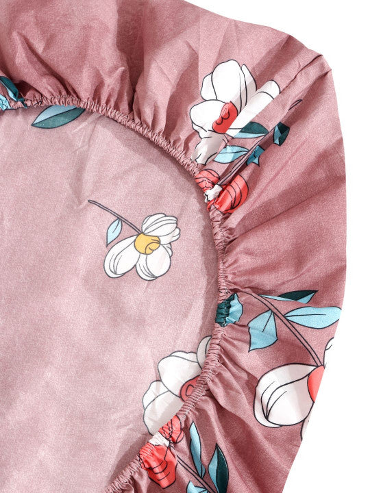 Pink Floral Cotton 280 TC Fitted Queen Fine Bedsheet with 2 Pillow Covers-72 x 43 inches