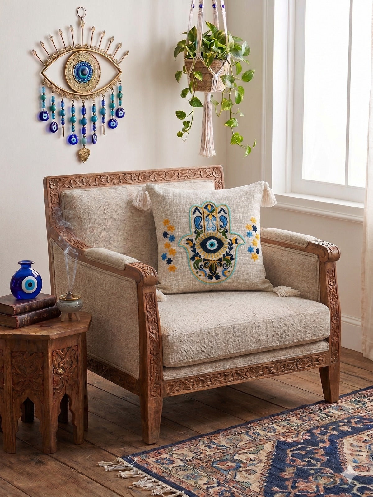 Pure Cotton Hand Crafted evil Eye tassels  cushion Covers ( 16 x 16 inch )