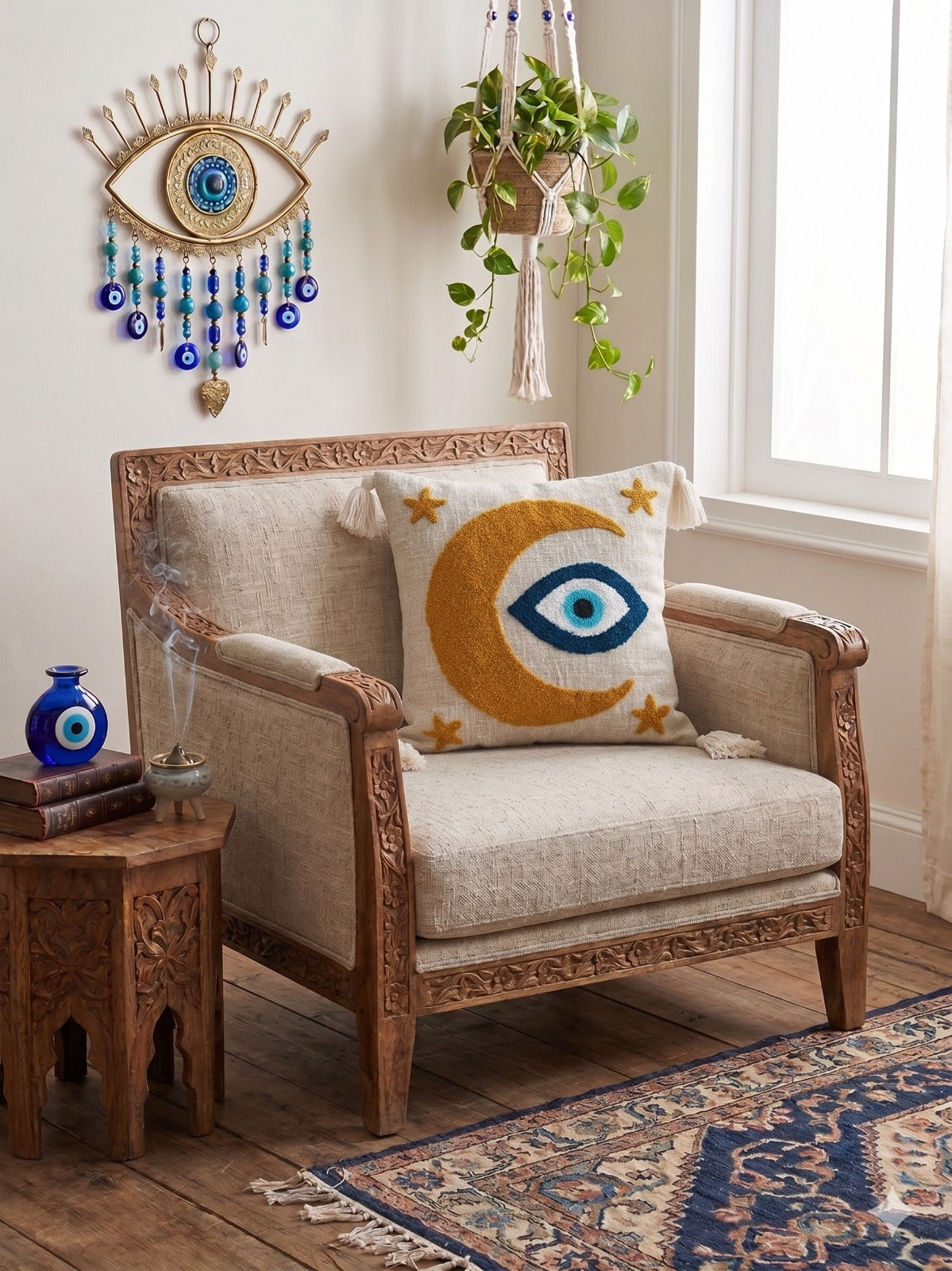 Pure Cotton Hand Crafted evil Eye tassels  cushion Covers ( 16 x 16 inch )