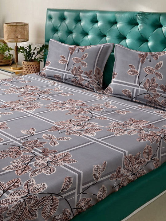 Grey Floral Cotton 300 TC Queen Fine Bedsheet with 2 Pillow Covers-90 x 100 inches