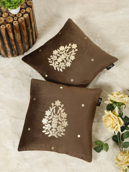 Gold-Toned Floral Velvet Square Cushion Covers 16X16 INCHES